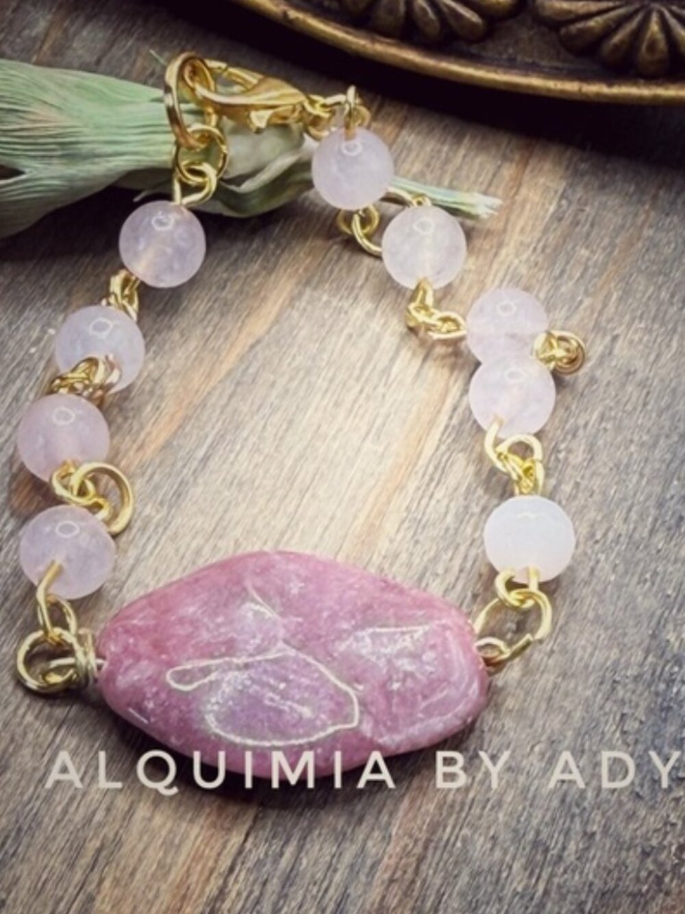 Pink Quartz & Rhodonite Bracelet — Gold Wire Handmade